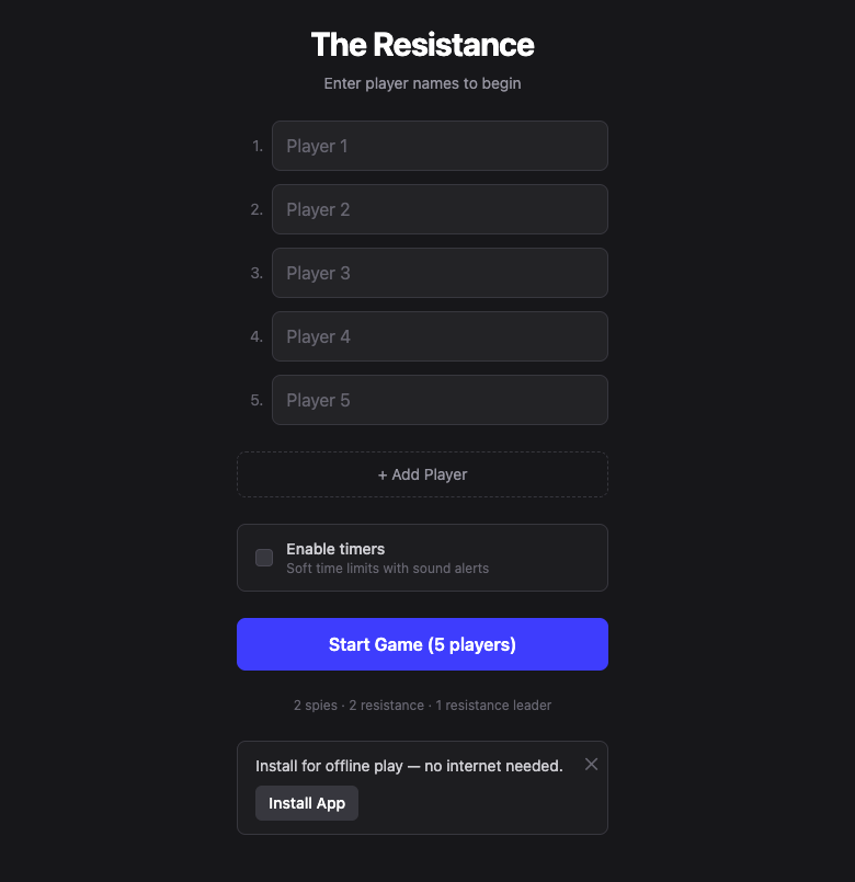 The Resistance game setup screen